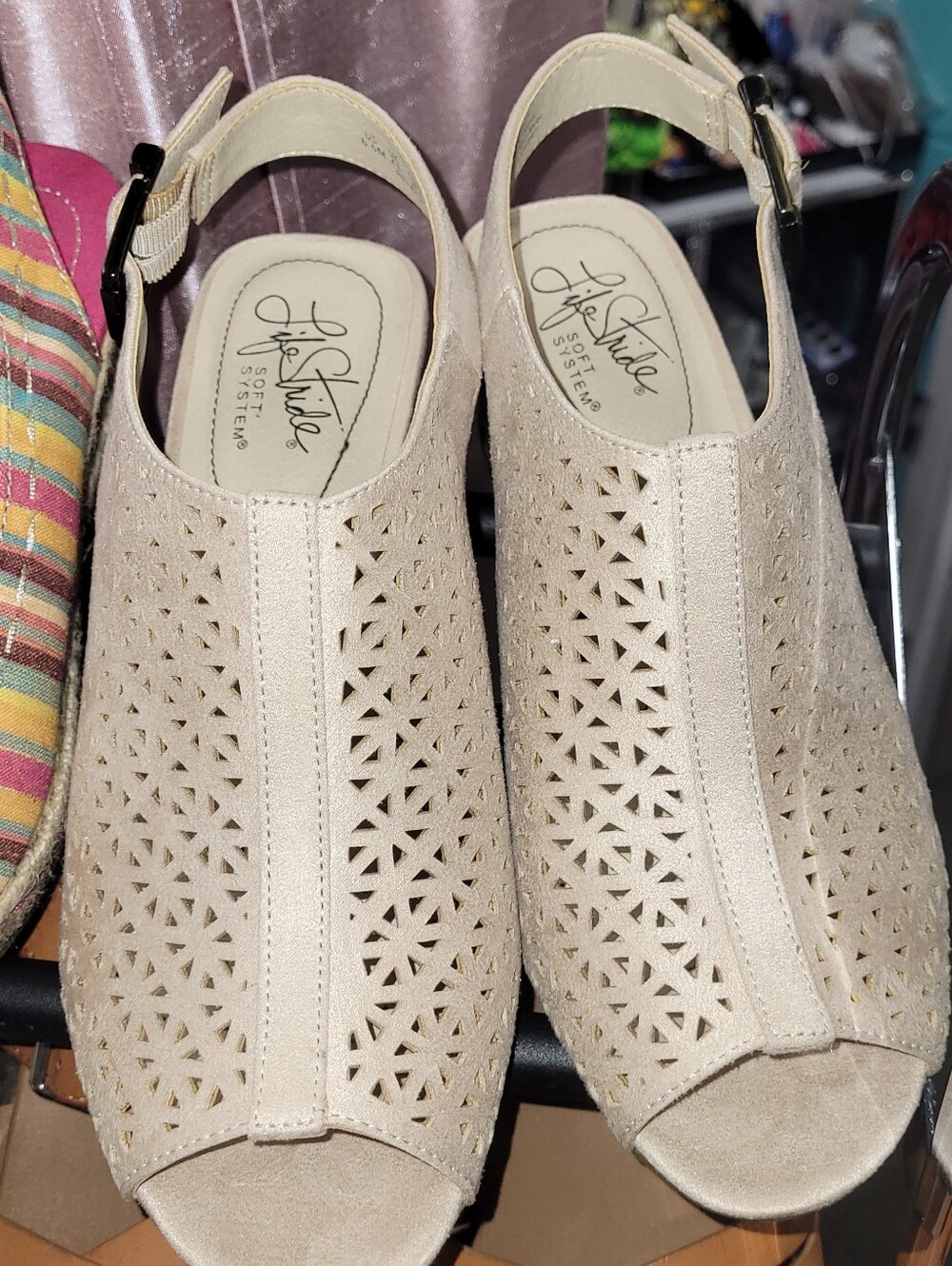 Life Stride Beige Perforated Slingback Clogs